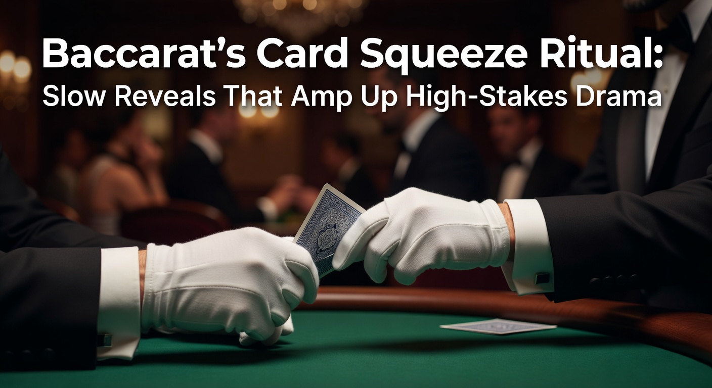 Vibrant baccarat table in a lavish casino where players engage in the tense card squeeze ritual, cards partially revealed amid stacks of chips and focused high rollers
