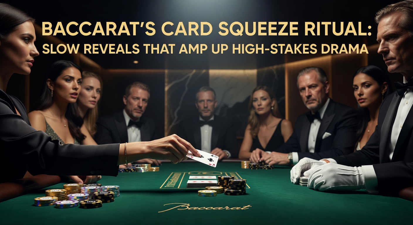 Close-up view of a player's hands meticulously squeezing a baccarat card edge, revealing pips slowly amid the gleam of casino lights and chip stacks
