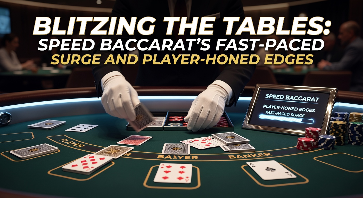 Dynamic image of a speed baccarat table in action, cards flying fast amid glowing lights and eager players