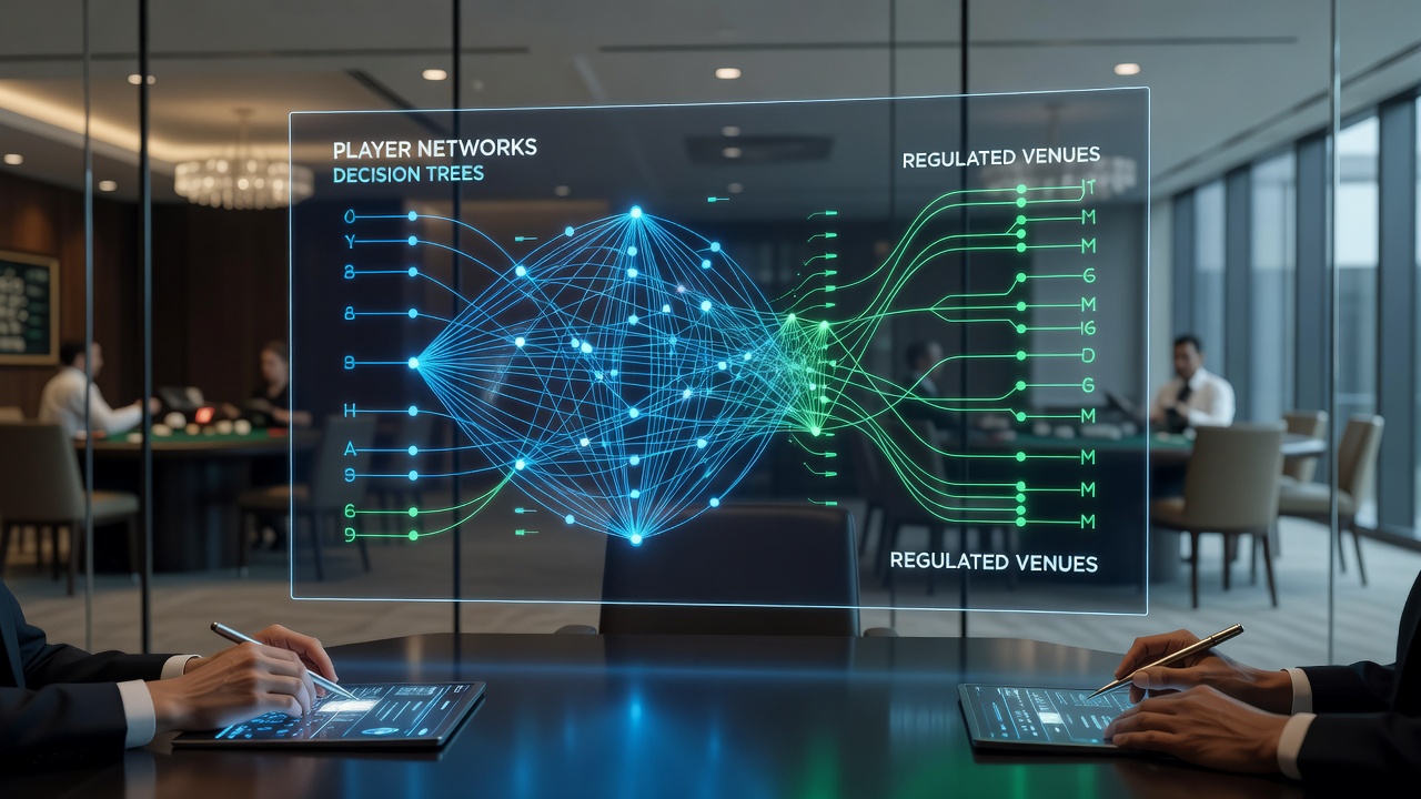 Illustration of interconnected player networks analyzing blackjack strategies across regulated casino floors