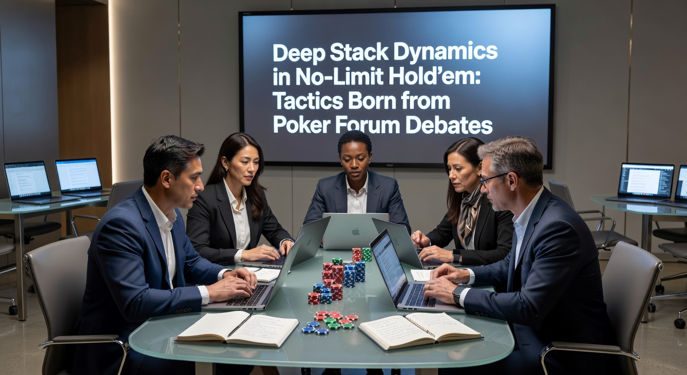 Poker players deeply focused at a no-limit hold'em table with towering chip stacks, illustrating intense deep stack dynamics