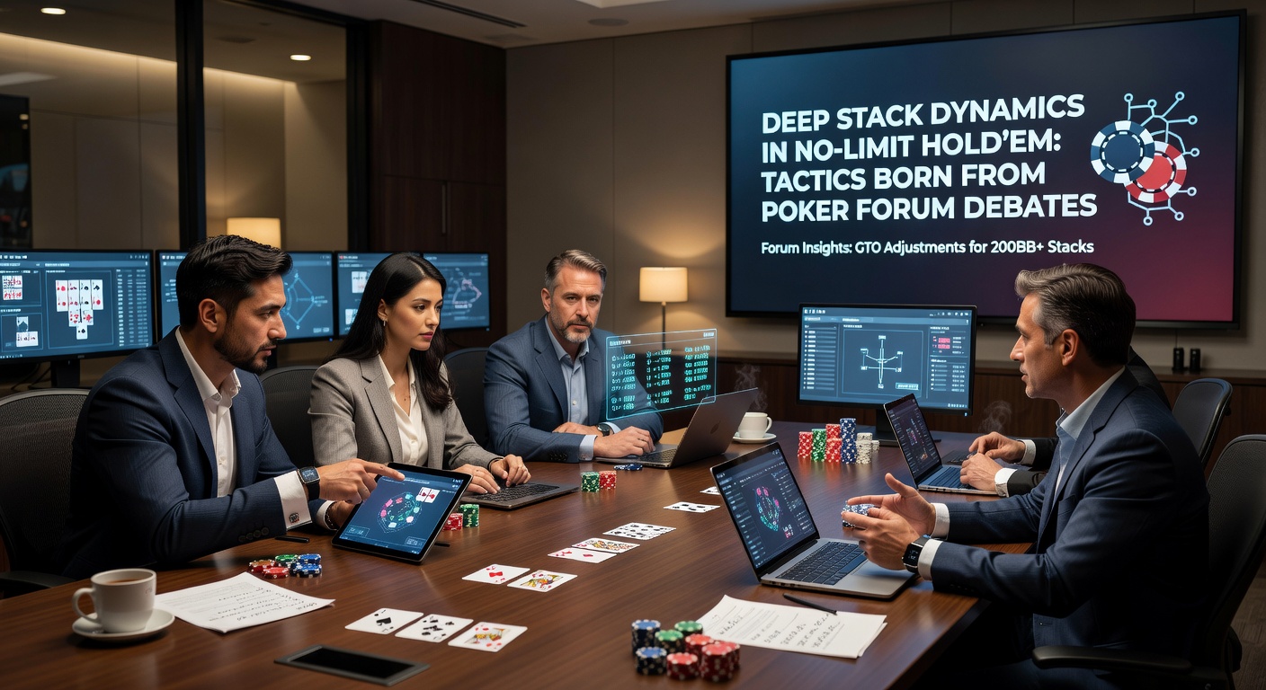 Close-up of a deep stack poker hand analysis on a screen, with solvers displaying range visualizations from forum-inspired tactics