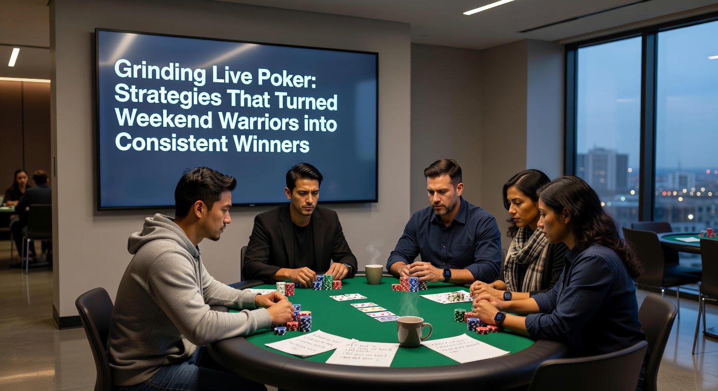 Players deep in concentration at a live poker table, chips stacked high amid tense showdowns