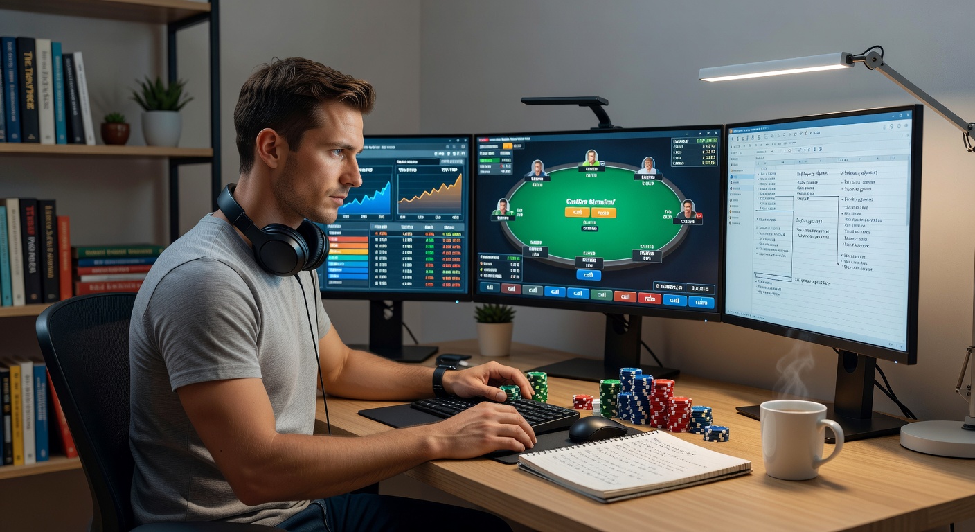 Close-up of a poker hand reveal, with players exchanging glances over rising pots