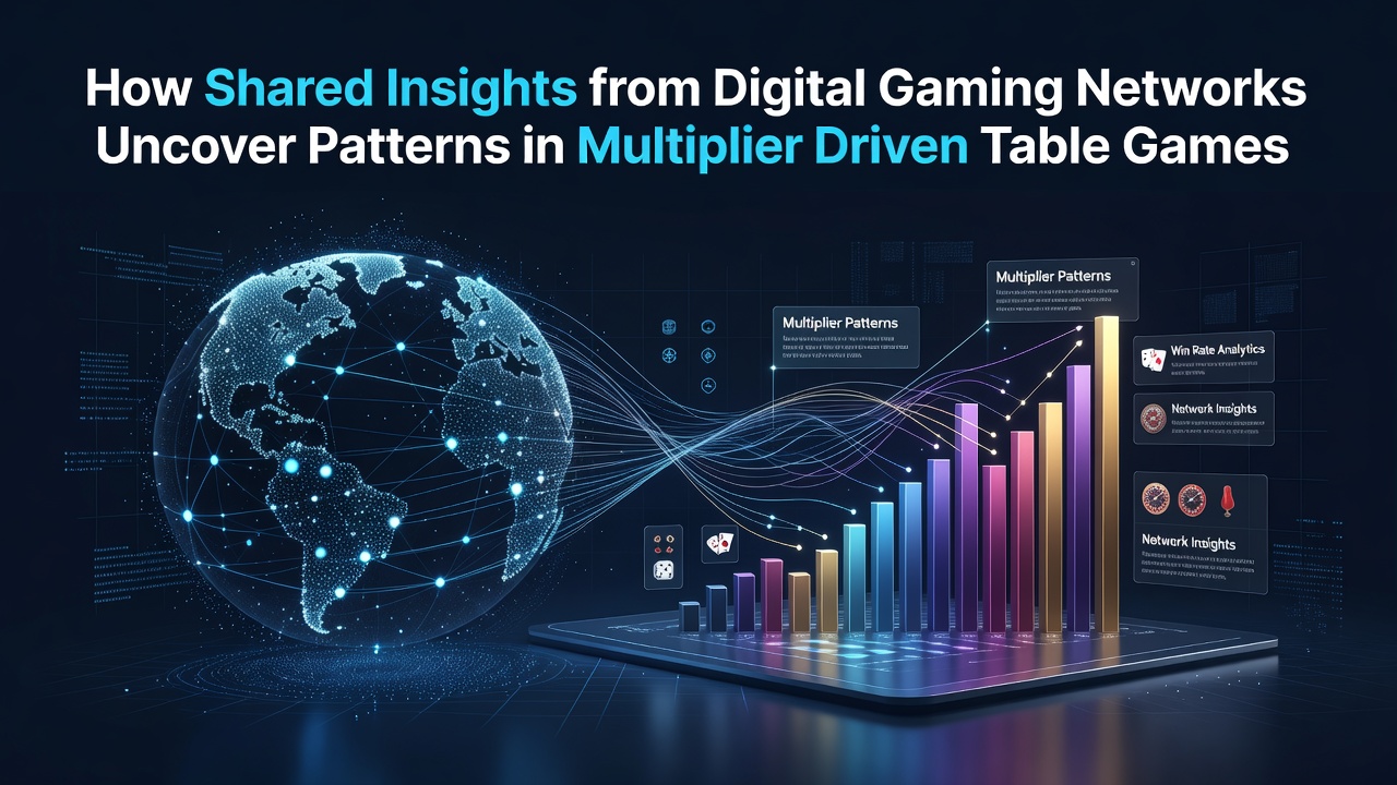 Illustration of interconnected digital gaming networks displaying multiplier data patterns from table games