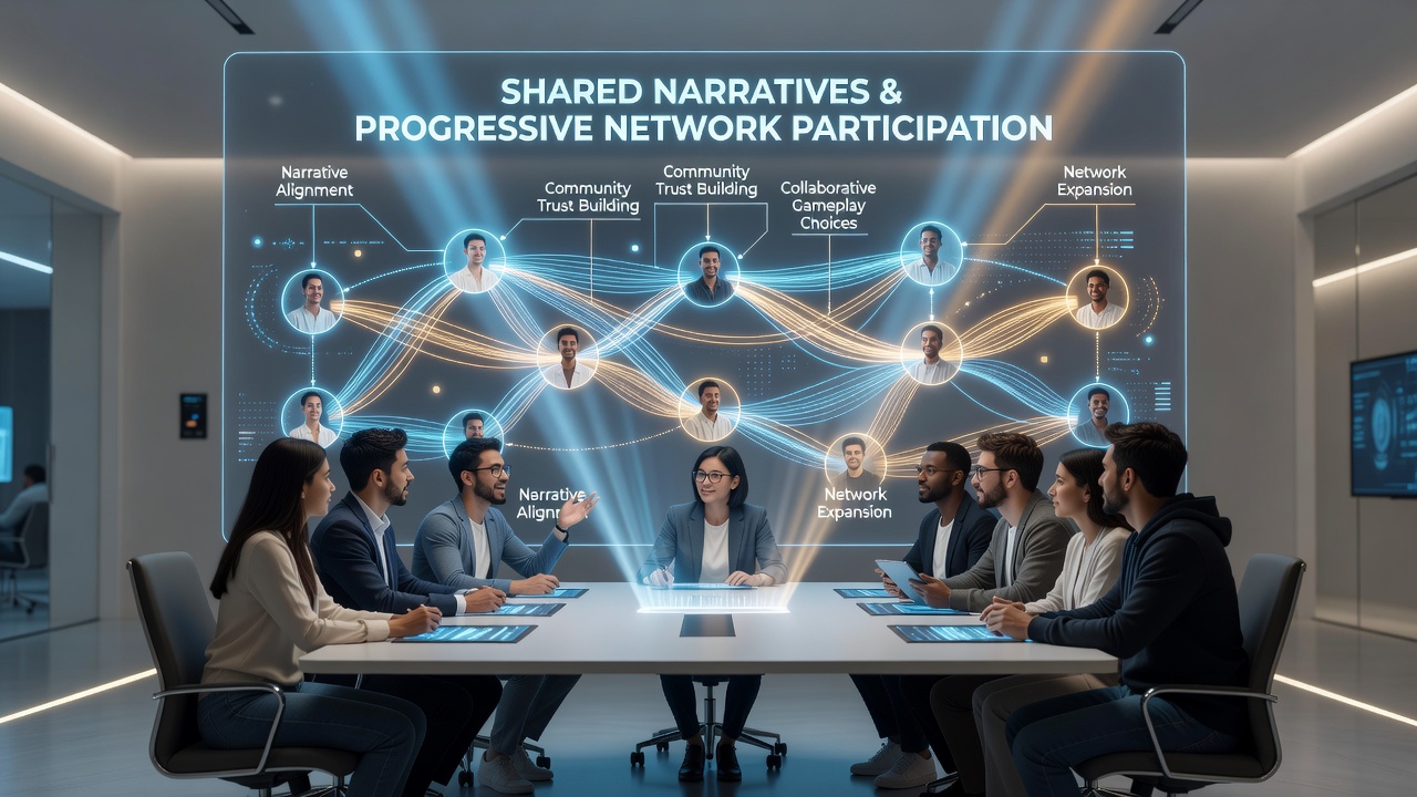 Group of digital gaming participants reviewing progressive jackpot data and community-shared narratives on multiple screens