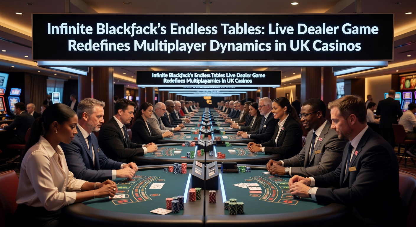 Live dealer at Infinite Blackjack table with multiple player seats visible on screen, showcasing endless multiplayer setup in a vibrant casino environment