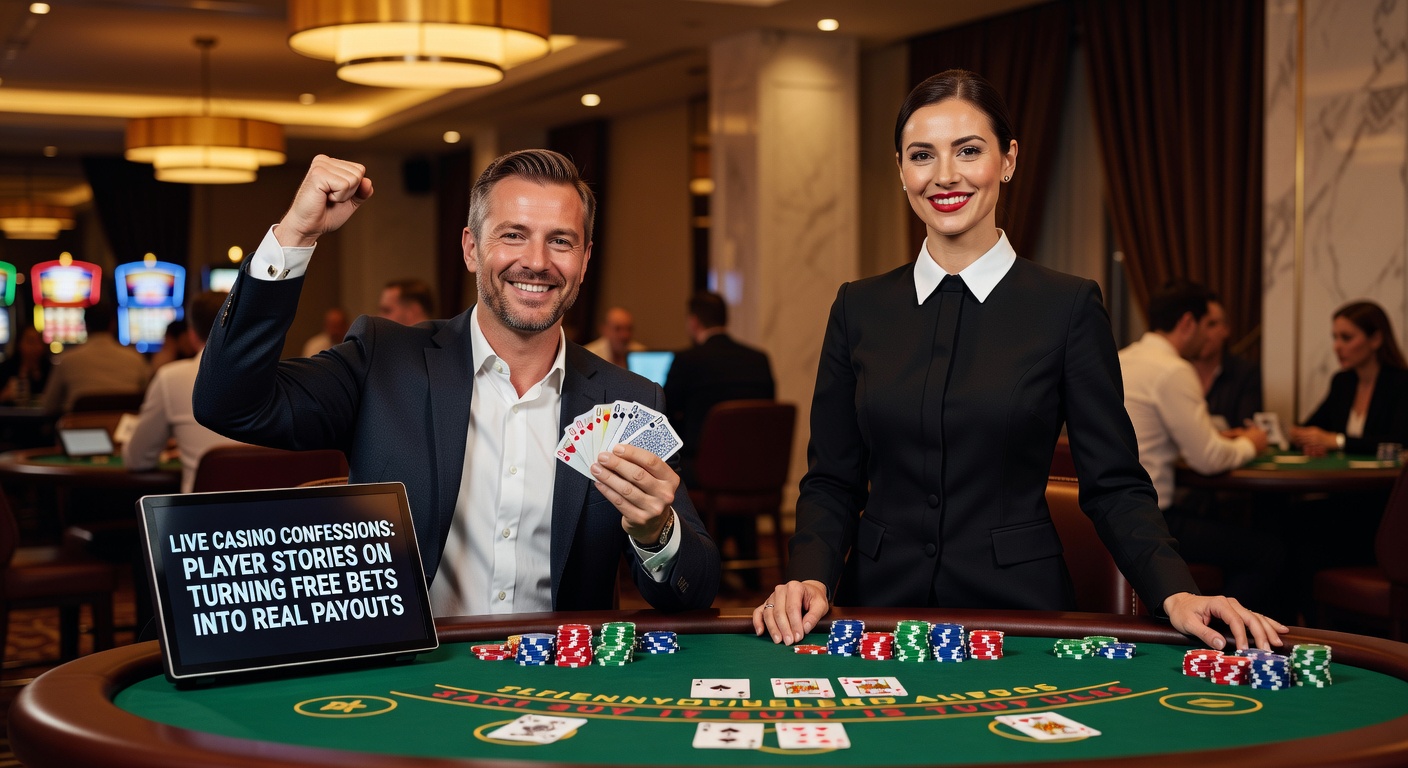 Excited player at a live blackjack table clutching chips after a big win, lights flashing in the background