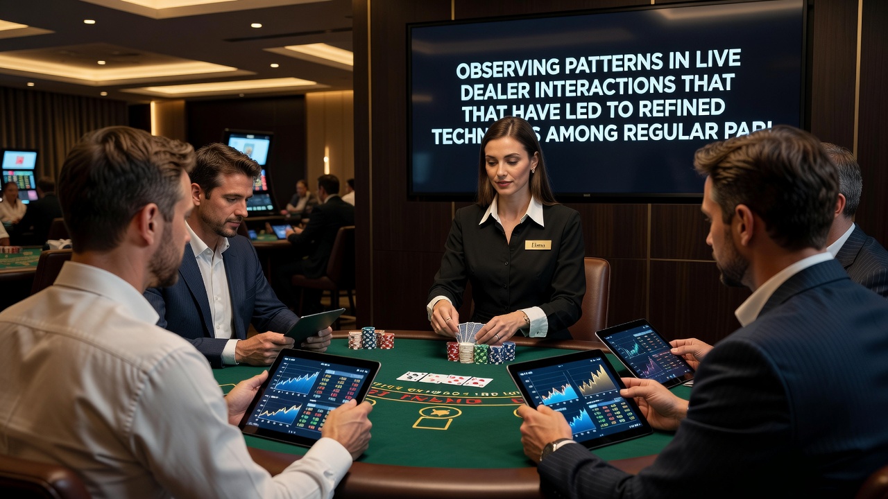 Group of regular participants reviewing notes on dealer patterns at a live casino table
