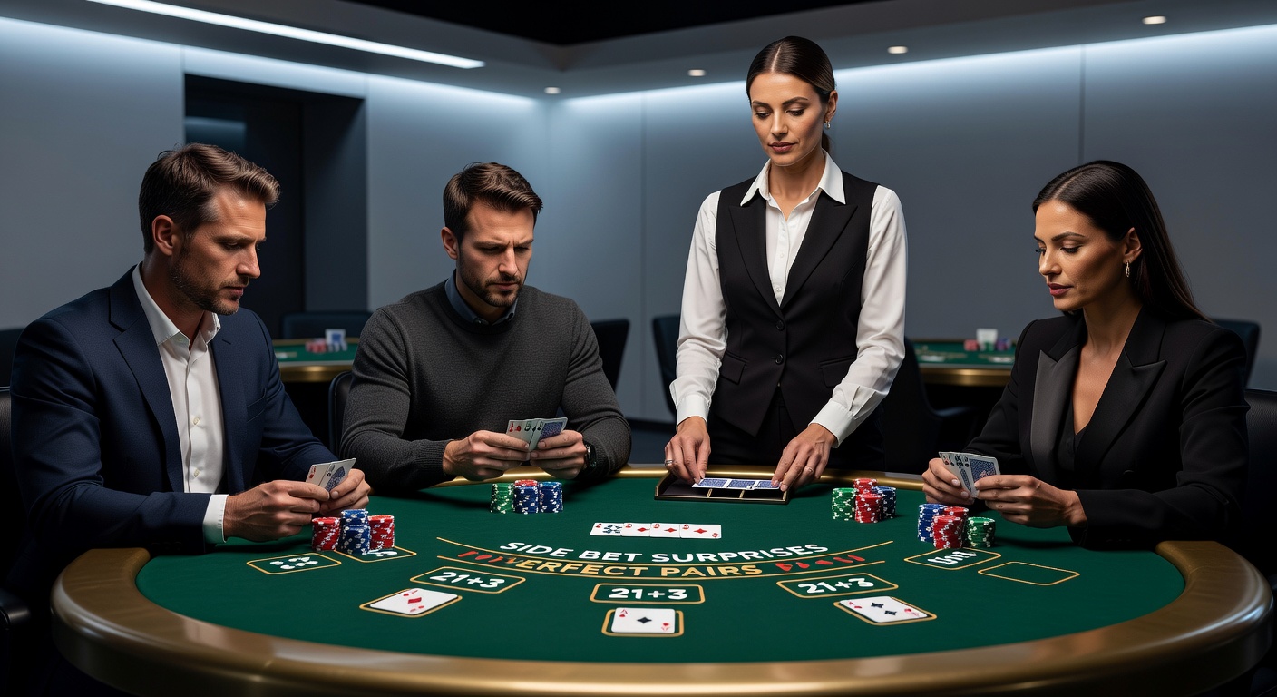 Close-up of 21+3 side bet payout screen during live blackjack, showing flush and straight wins