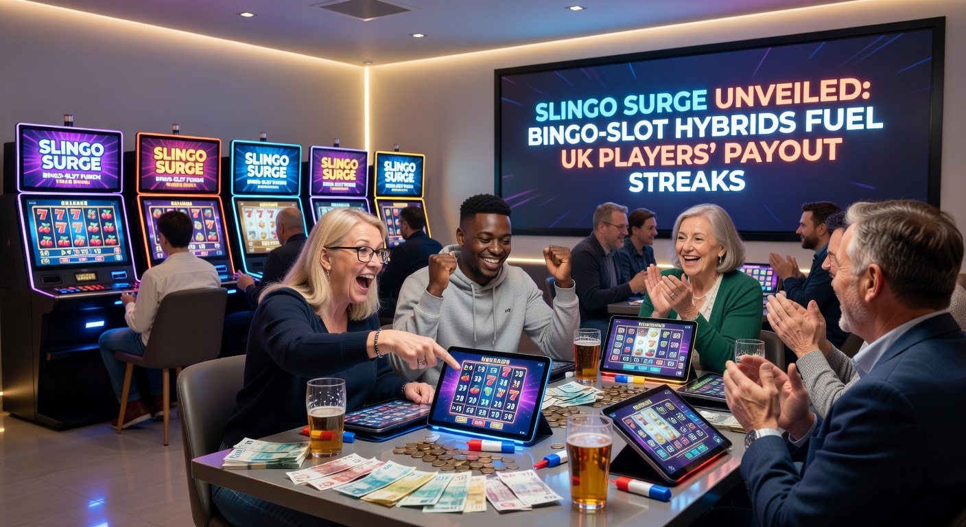 Dynamic Slingo payout streak graphic with cascading multipliers, bingo lines completing, and coin explosions on a mobile casino interface