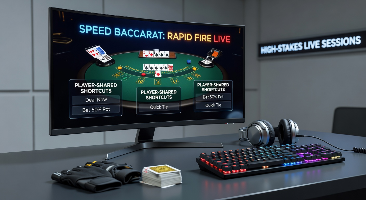 Dynamic live Speed Baccarat table with rapid-fire betting interface glowing under casino lights, dealers dealing cards swiftly amid high-stakes tension
