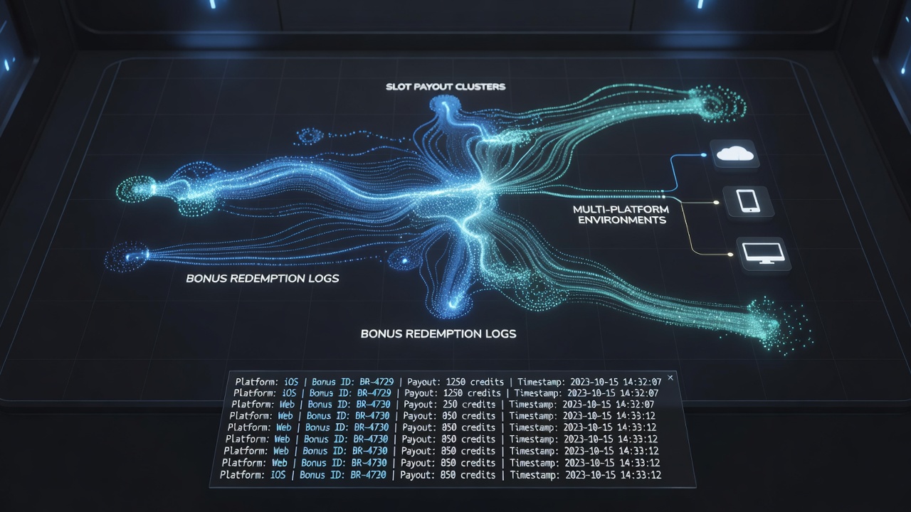 Analytics dashboard displaying cross-platform slot redemption clusters and payout heatmaps