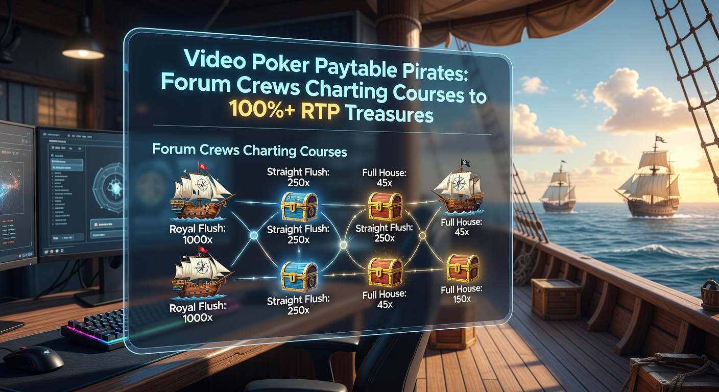 Group of online forum users discussing video poker strategies on a digital treasure map interface, highlighting high-RTP paytables as glowing treasures