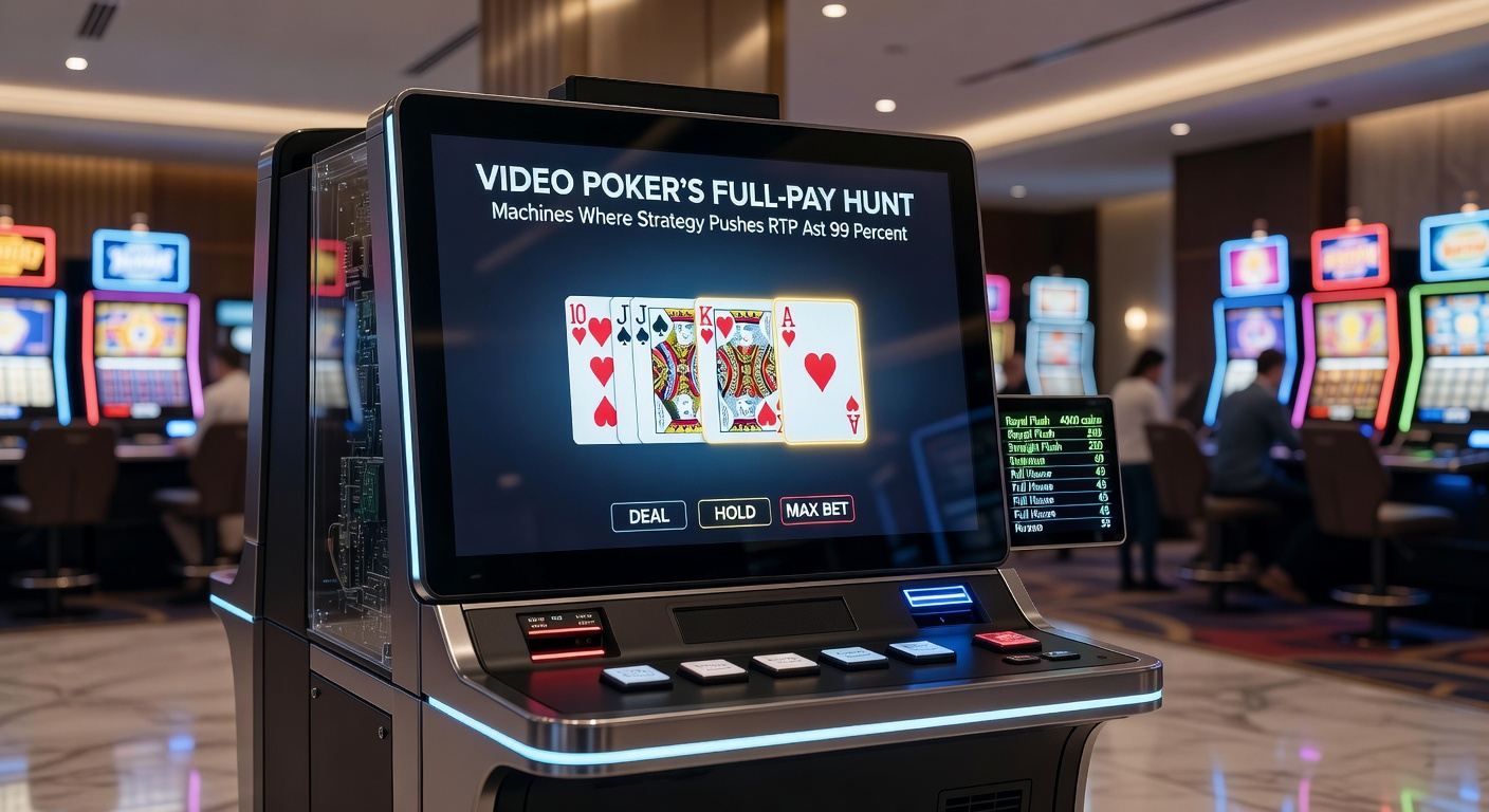 Player intently studying a video poker strategy chart next to a casino machine, with payout tables visible on screen
