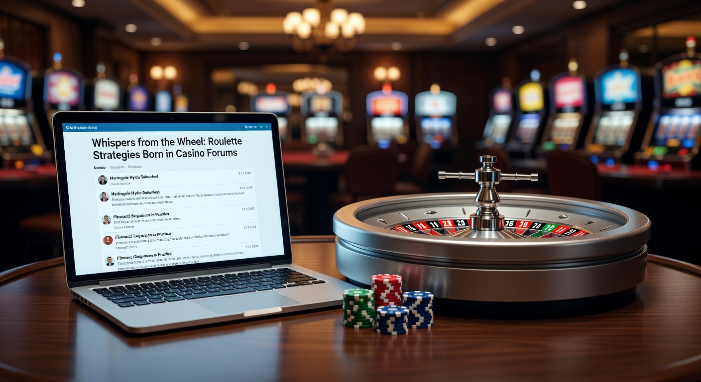 Vibrant roulette wheel spinning under casino lights, with digital forum threads overlayed like whispers emerging from the shadows